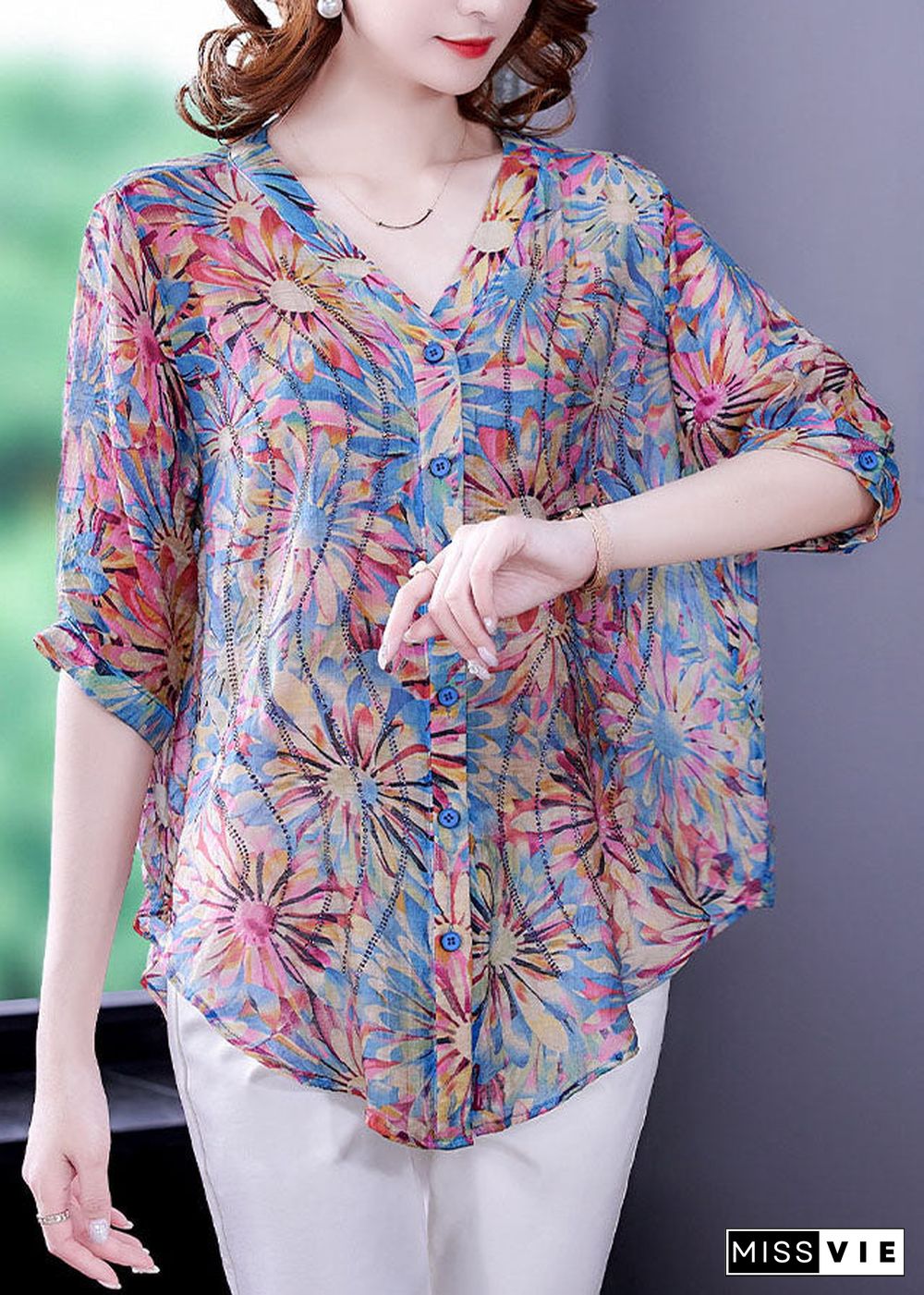 Plus Size Blue V Neck Button Print Chiffon Shirt Top Half Sleeve