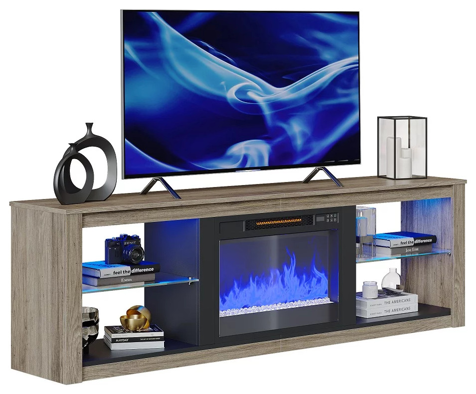 Modern TV Stand  Fireplace  ampGlass Shelves With RGB LED Lighting   Modern   Entertainment Centers And Tv Stands   by Declusia  Houzz