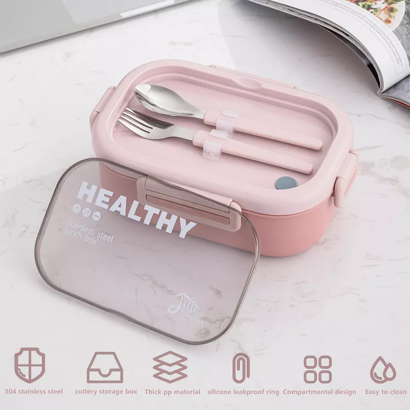 Lille Home 28OZ Stainless Steel Leakproof 2-Compartment Bento Lunch Box/Portion Control Food Container With Lunch Bag And Cutlery Set