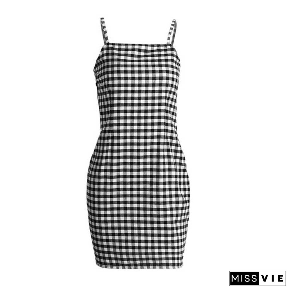 Retro Plaid Straight Neck Gingham Bodycon Dress