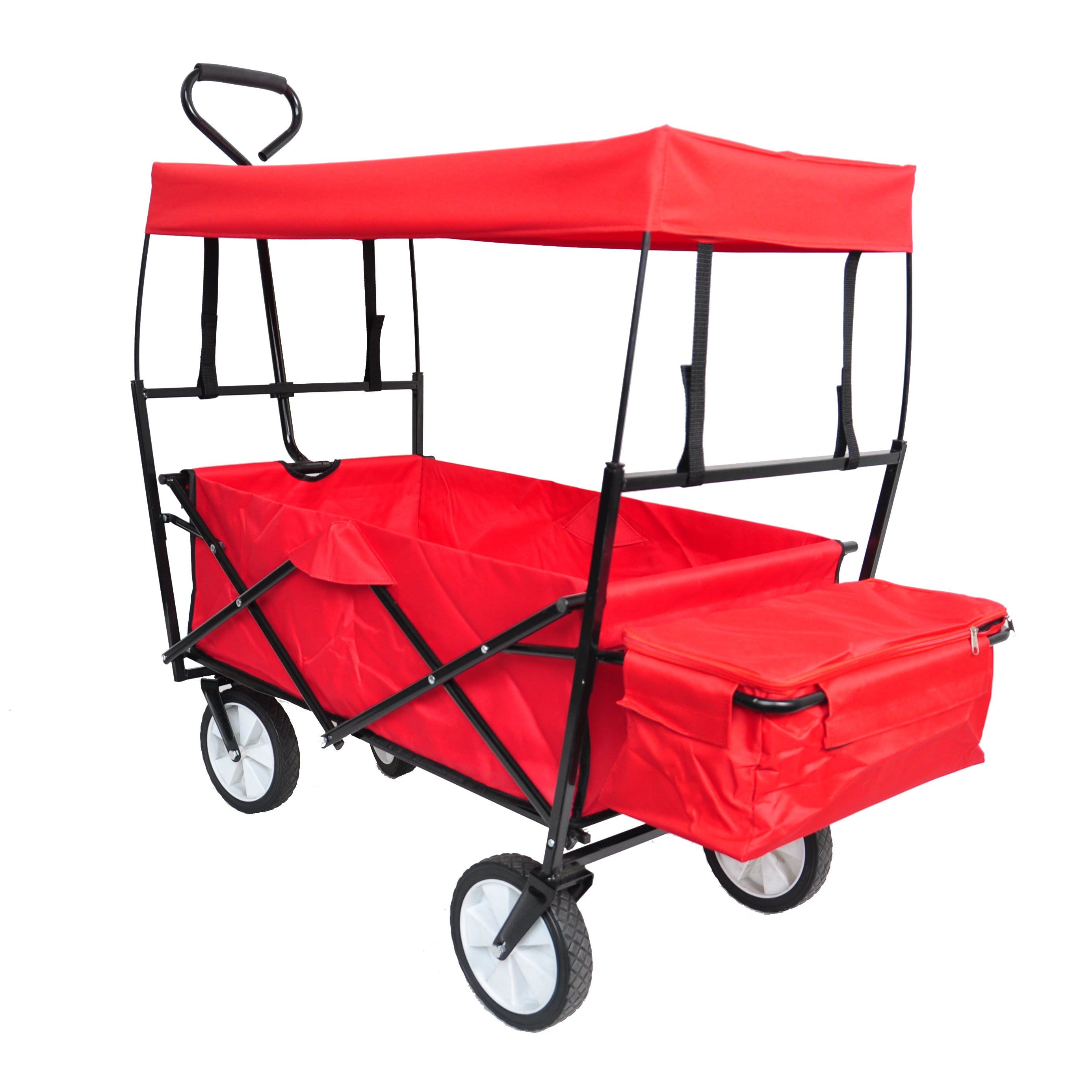 TOPCHANCES Collapsible Wagon Camping Garden Cart with Removable Canopy, Folding Wagon with Adjustable Push Handles for Shopping, Picnic, Beach, Camping, Sports (Red)