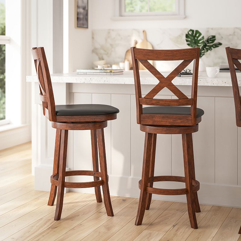 Merrick Lane Sora 30 Classic Wooden Crossback Swivel Bar Height Pub Stool with Upholstered Padded Seat and Integrated Footrest