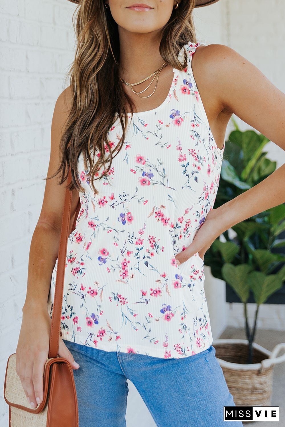 White Ruffle Straps Floral Rib Knit Tank Top