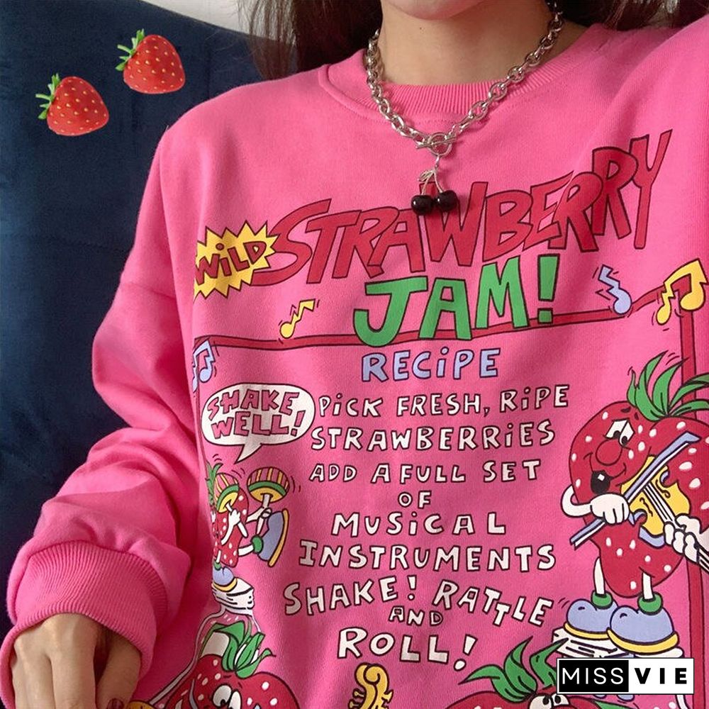 Harajuku Oversized Strawberry Print Hoodie Women O Neck Loose Vintage Clothes Top Streetwear Sweatshirts Graphic Cute Pullover