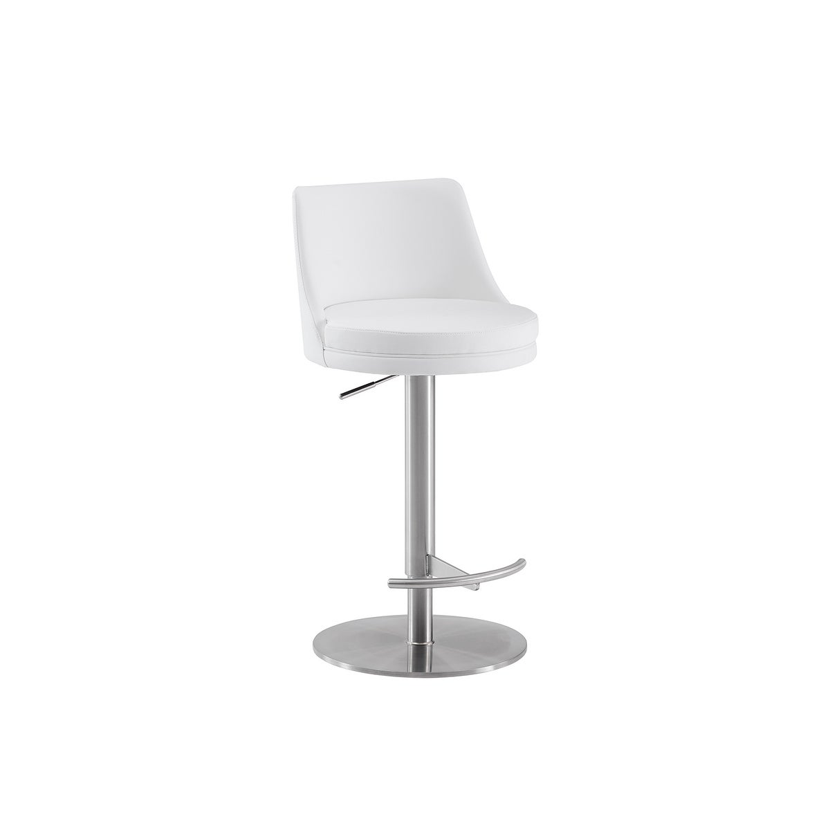 ELEMENT bar stool with brushed stainless steel swivel base.