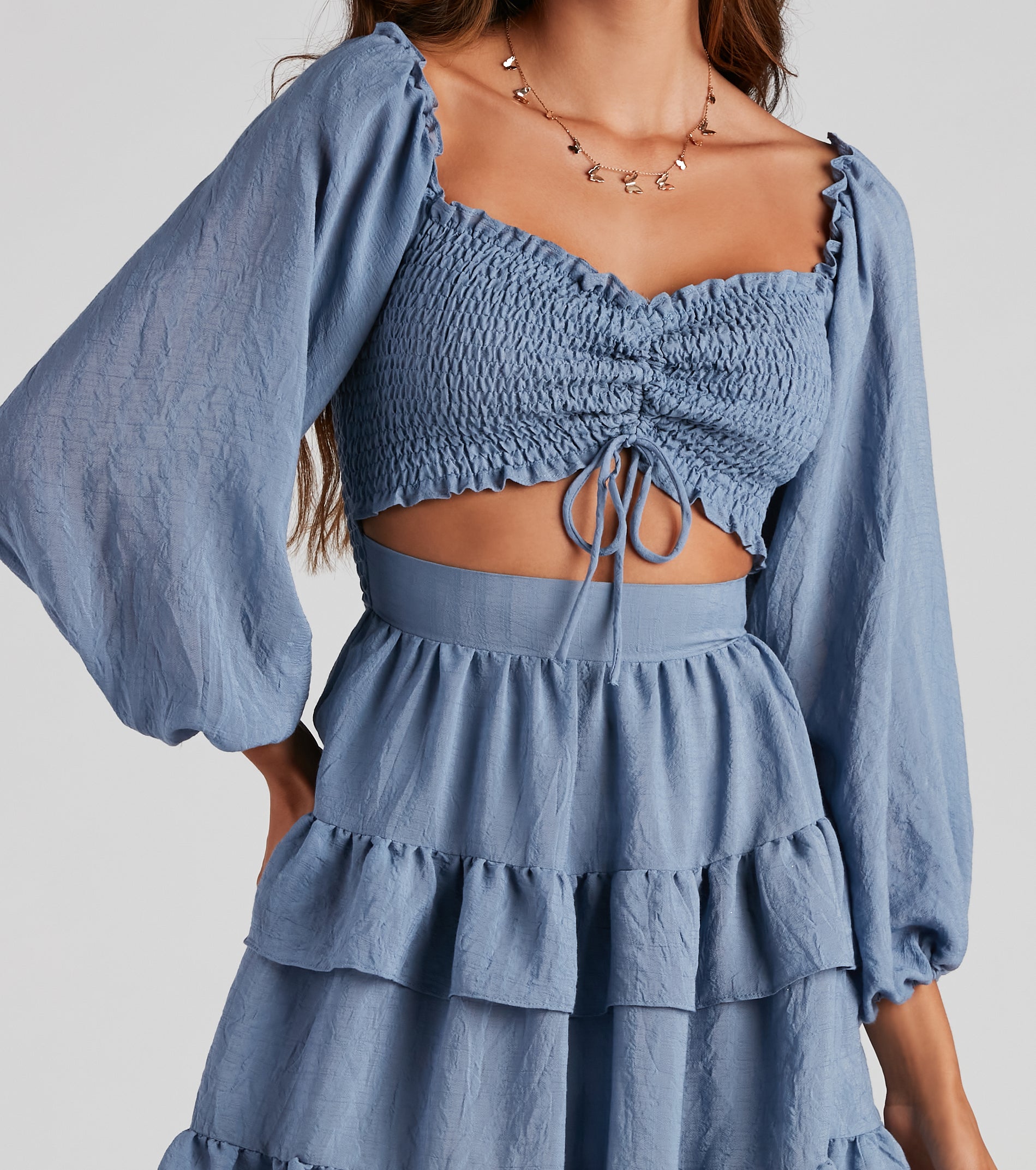 So Sweet Ruffled Cutout Skater Dress