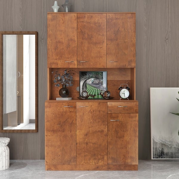 Rustic Farmhouse Tall Wardrobe， Armoire with Shelves， Open Compartment and Drawer， Freestanding Storage Closet Wardrobe Cabinet - - 36577353