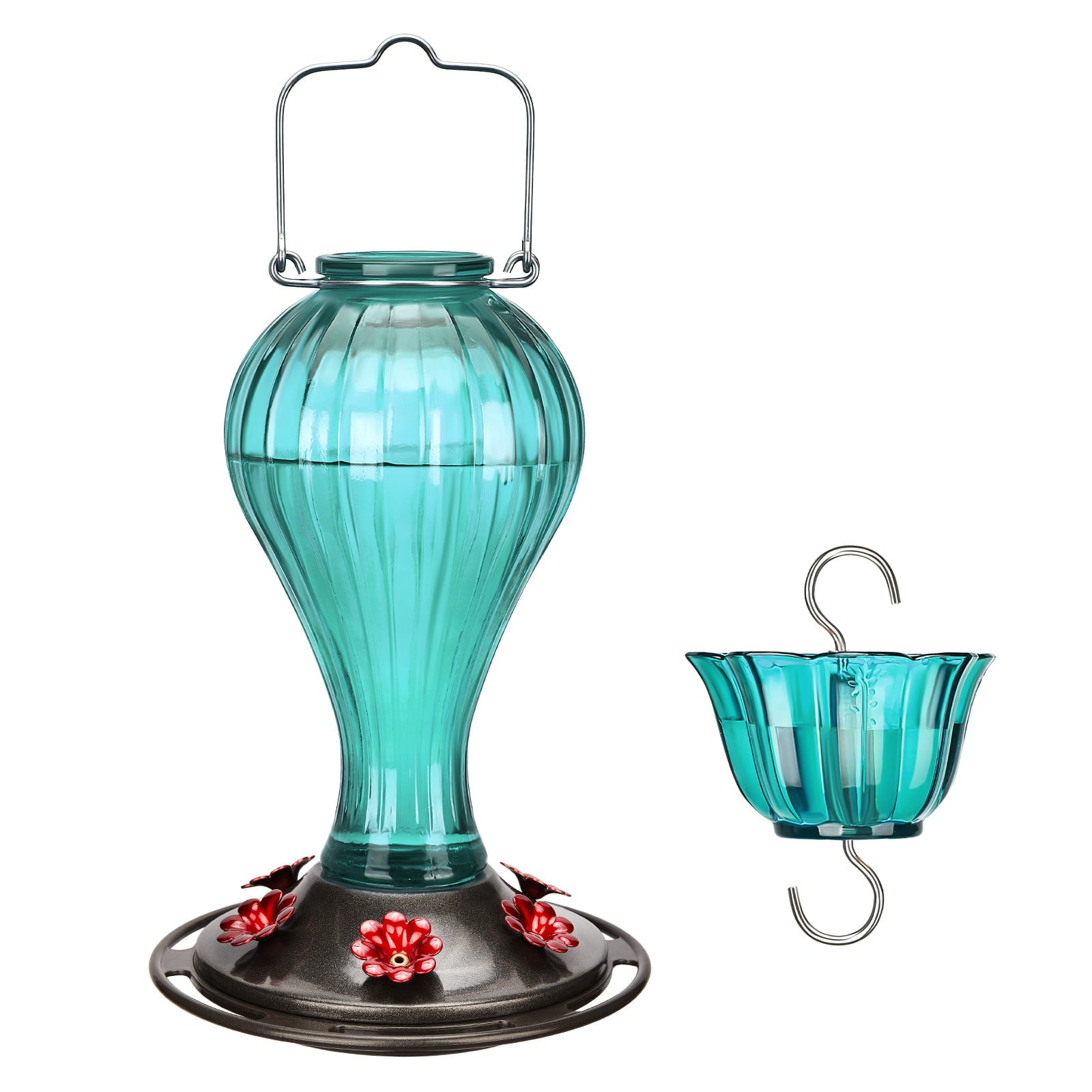 Kingsyard Glass Hummingbird Feeder 24 Ounces， 6 Feeding Ports， Hanging Bird Nectar Feeder for Outdoors Garden Yard Décor， Ant Moat Included， Turquoise