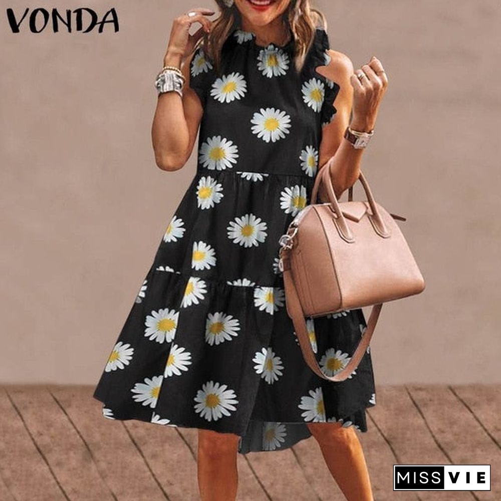 Summer Short Dress Women Sexy Sleeveless Ruffled Dress Beach Holiday Sundress VONDA Bohemian Vestidos Plus Size Robe Femme