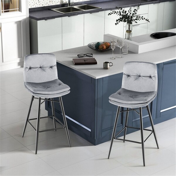 Velvet Bar Stools Set with Tufted Back and Footrests (Set of 2)