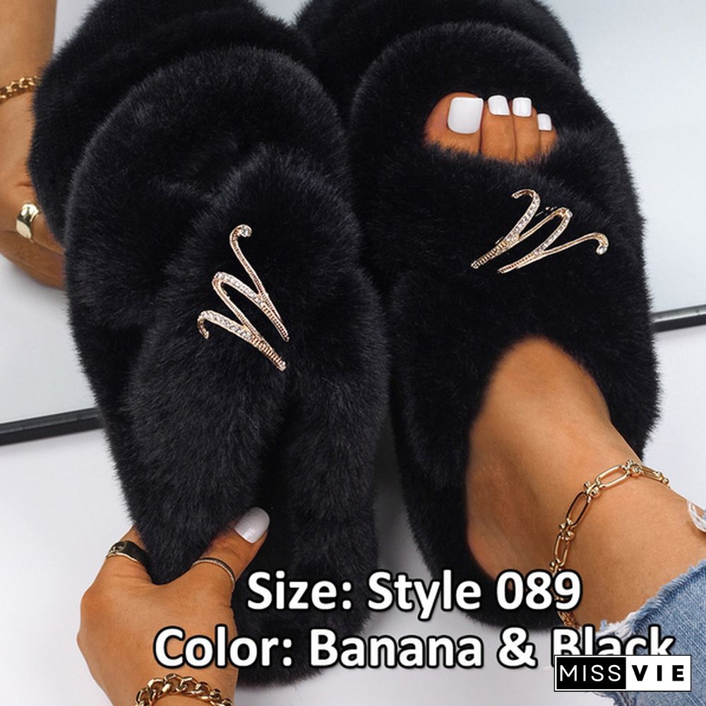 Fluffy Warm Women Home Slippers Fur Rhinestone Crystal Platform Shoes Indoor Flip Flops Female Soft Casual Slides Cotton Fur Slippers