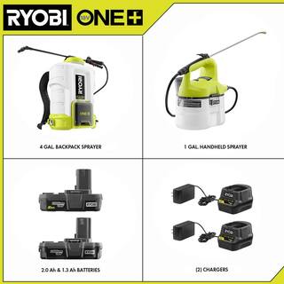 RYOBI ONE+ 18V Cordless Battery 4 Gal. Backpack and 1 Gal. Handheld Chemical Sprayers with 2.0 Ah 1.3 Ah Battery and Charger P2860-2810