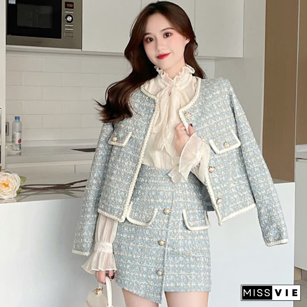 Chic Plaid Print Jacket Lace Up Shirt High Waist Skirt Three Pieces Set