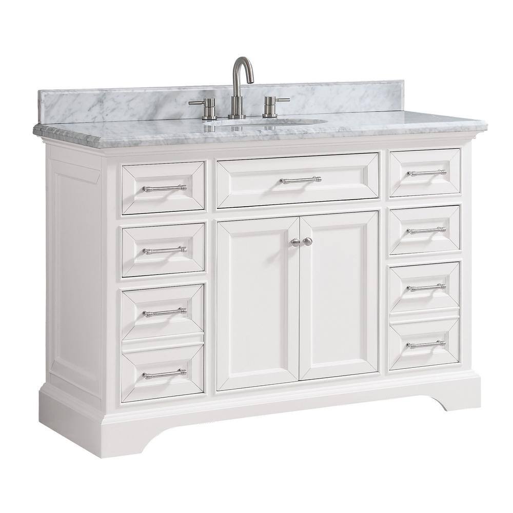 Home Decorators Collection Windlowe 49 in. W x 22 in. D x 35 in. H Freestanding Bath Vanity in White with Carrara White Marble Top 15101-VS49C-WT