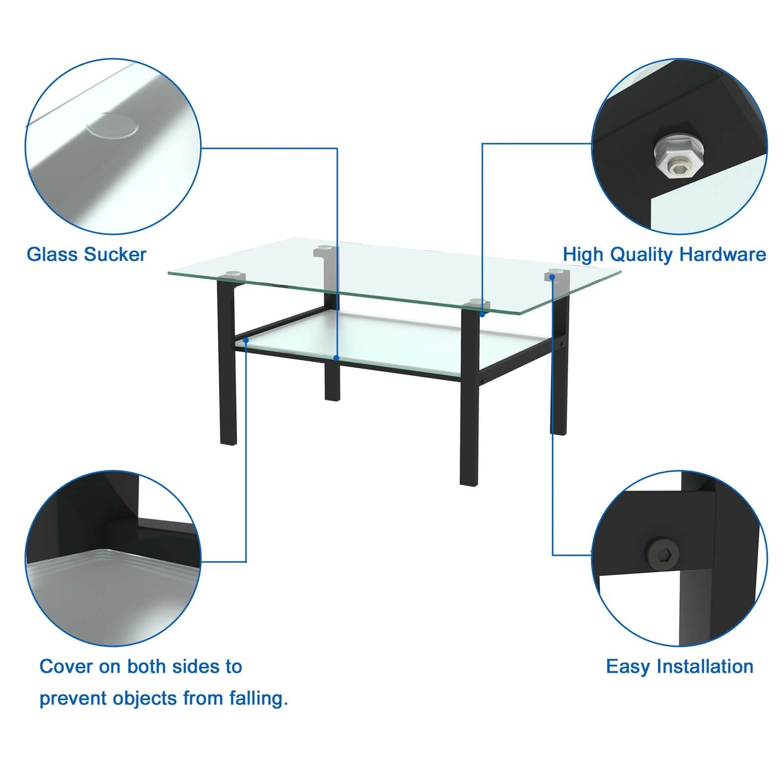 KALEFU Transparent Glass Coffee Table Modern Simple Rectangle Glass Coffee Table with Lower Shelf Storage Metal Legs for Living Room, Black