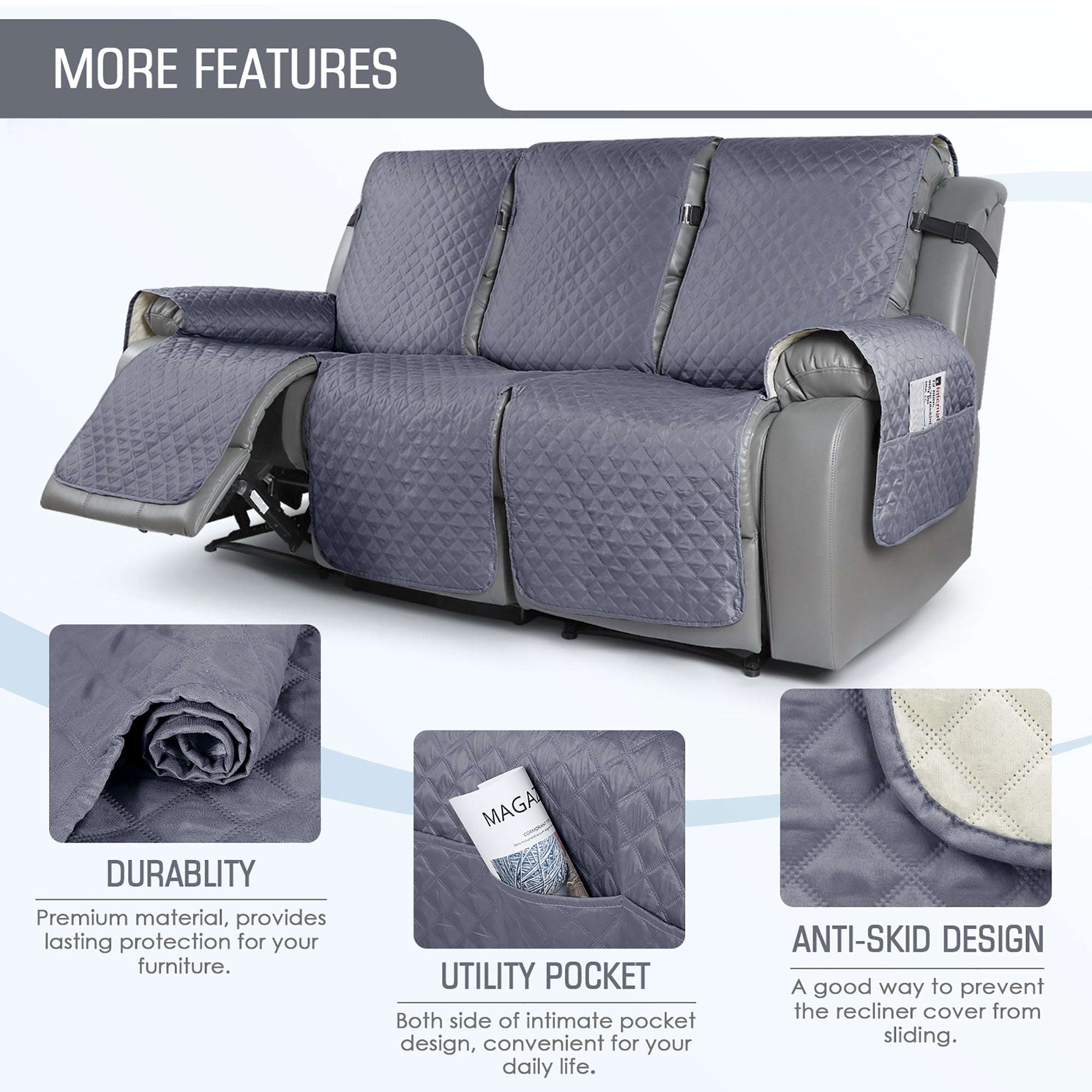 TAOCOCO Anti-Slip Recliner Sofa Cover,Reclining Couch Slipcover for 3-Seater Recliner Sofa Bluish Grey