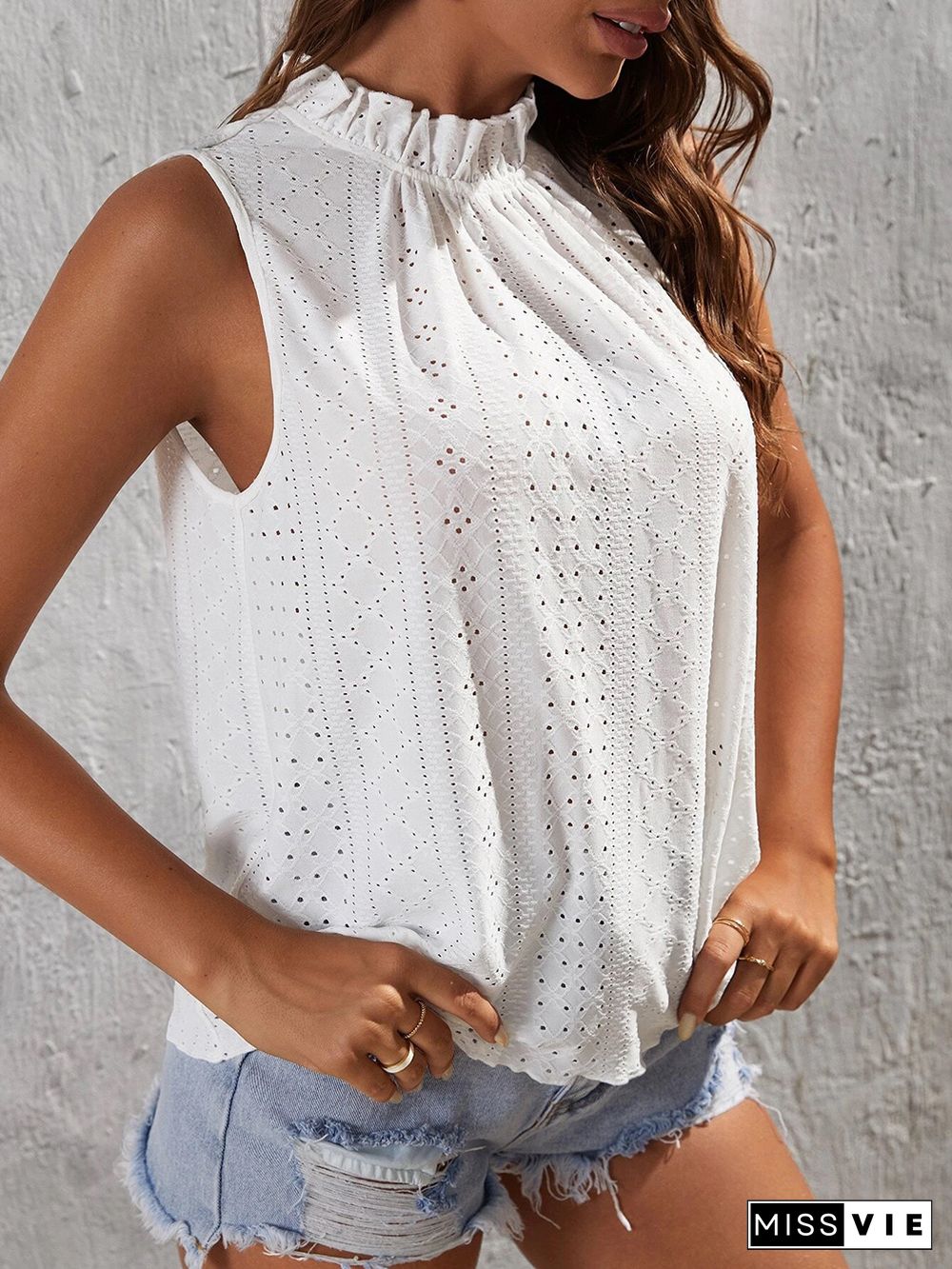 Eyelet Pattern Frill Collar Sleeves Tank Top