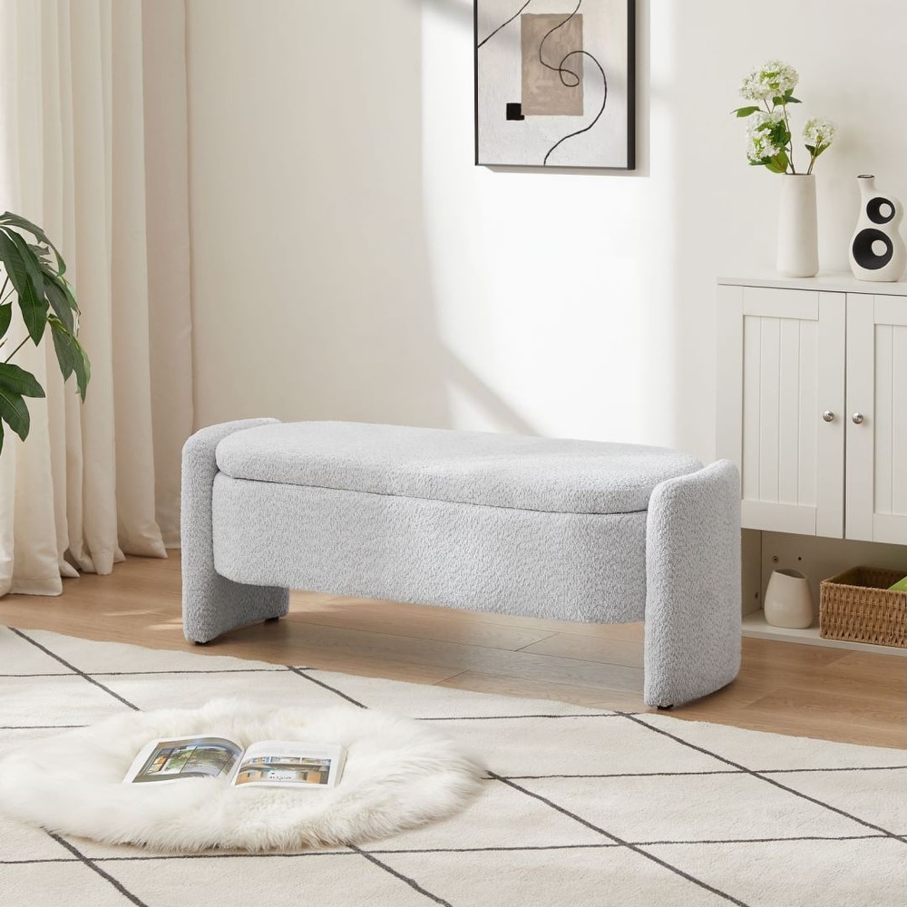 Ottoman Oval Storage Bench Lamb Fleece Fabric Bench with Large Storage