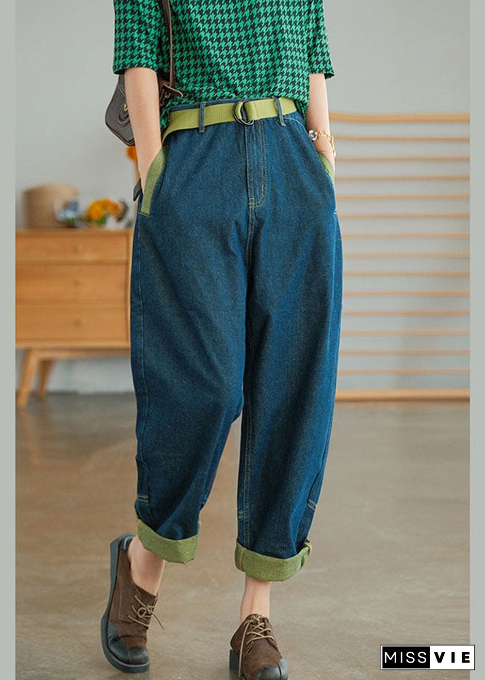 Plus Size Blue Casual Pockets Patchwork Harem Fall Pants