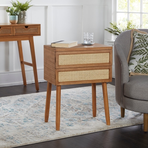 Trenton 2 Drawer Wood and Rattan Side Table