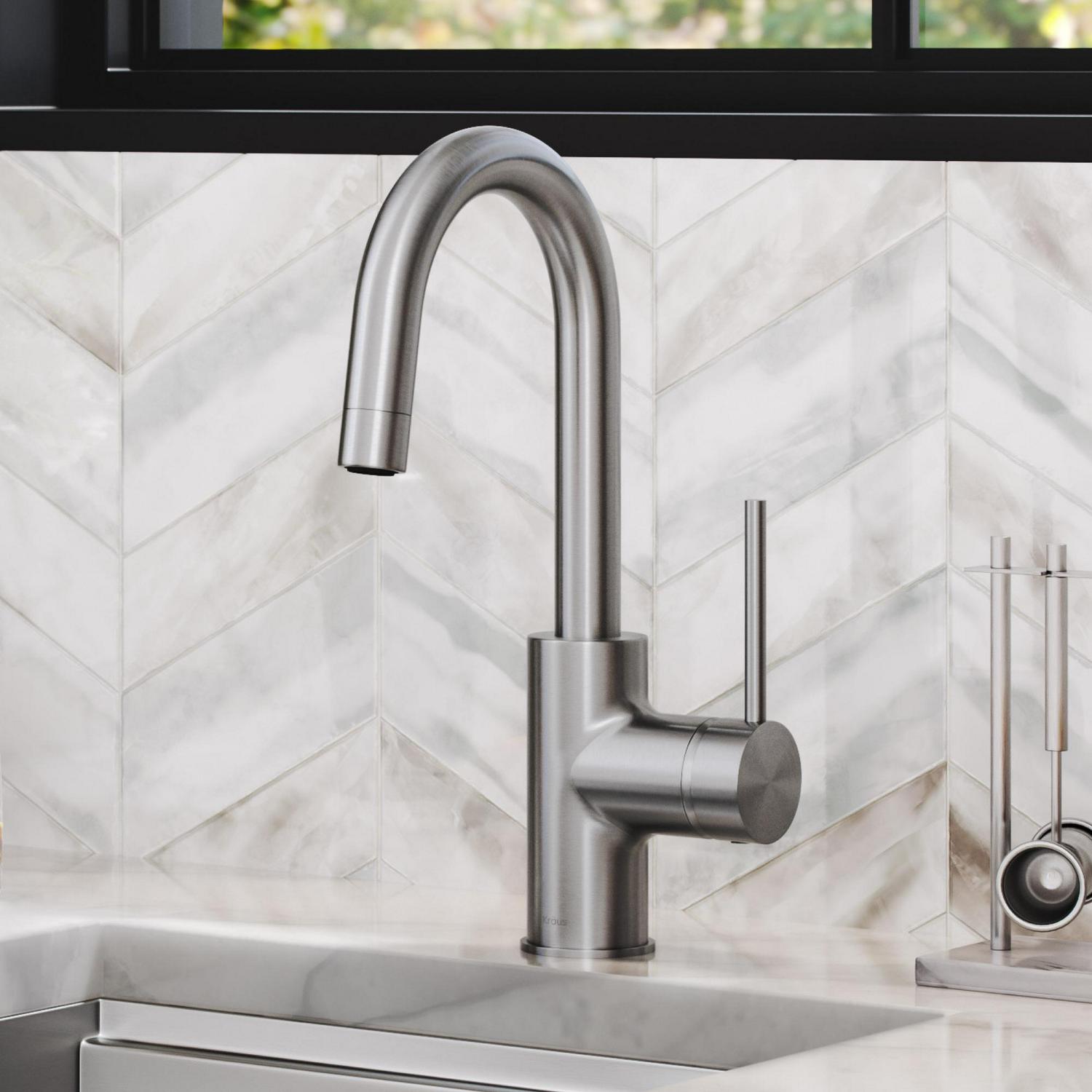 KRAUS Spot Free Oletto Single Handle Kitchen Bar Faucet in all-Brite Stainless Steel Finish