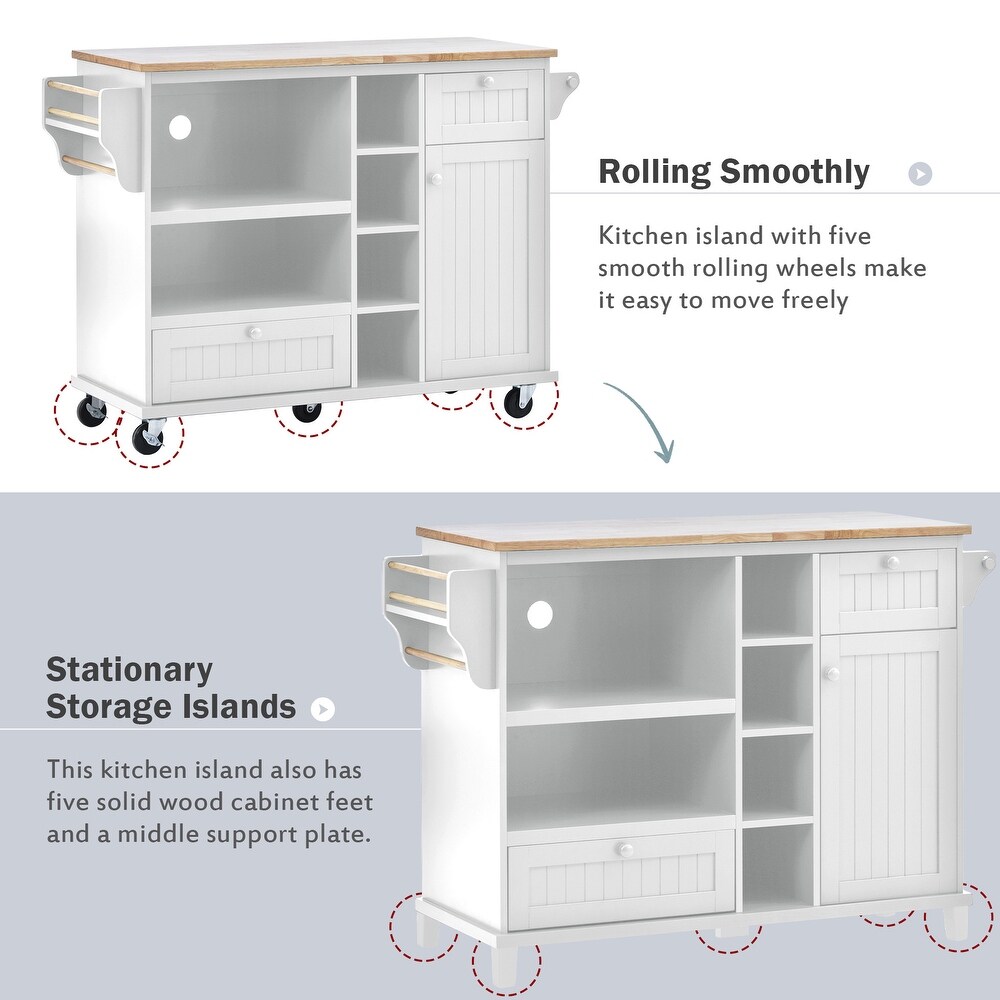 Kitchen Island Cart  Kitchen Island Table with Storage Cabinet/Two Locking Wheels/Microwave Cabinet Floor Standing Buffet Server