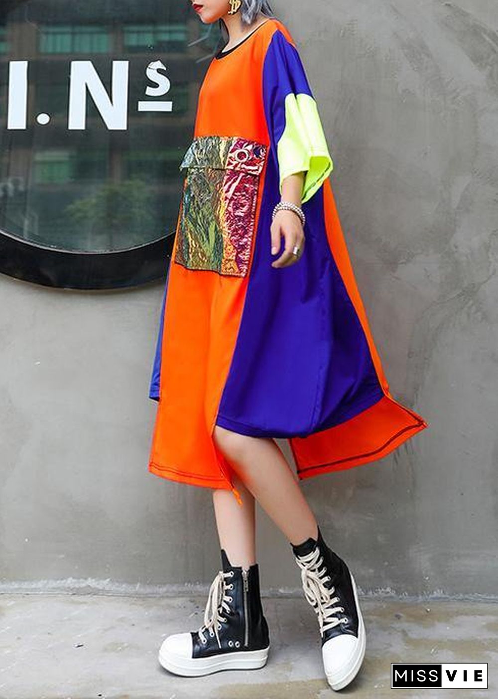 Unique orange blue patchwork chiffon For Women o neck asymmetric Maxi Summer Dress