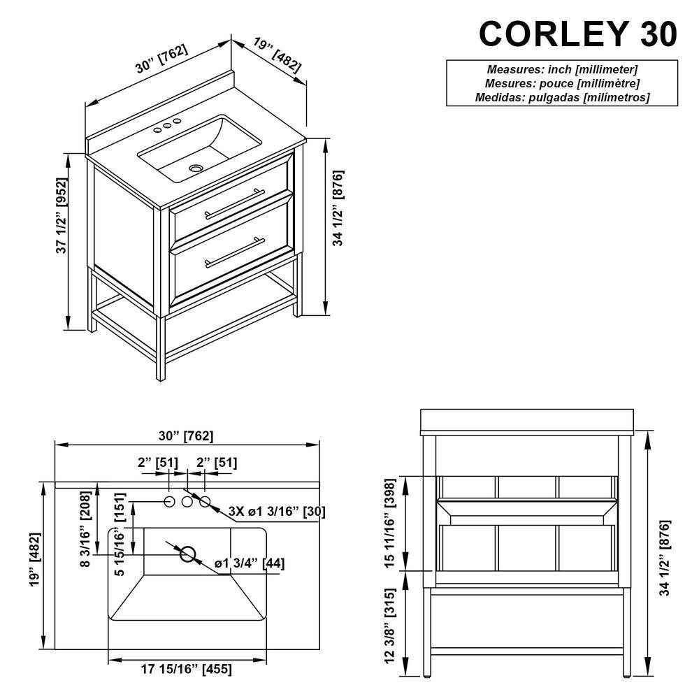 Home Decorators Collection Corley 30 in. W x 19 in. D x 34.50 in. H Freestanding Vanity in Spiced Walnut with White Engineered Stone Top Corley 30SW