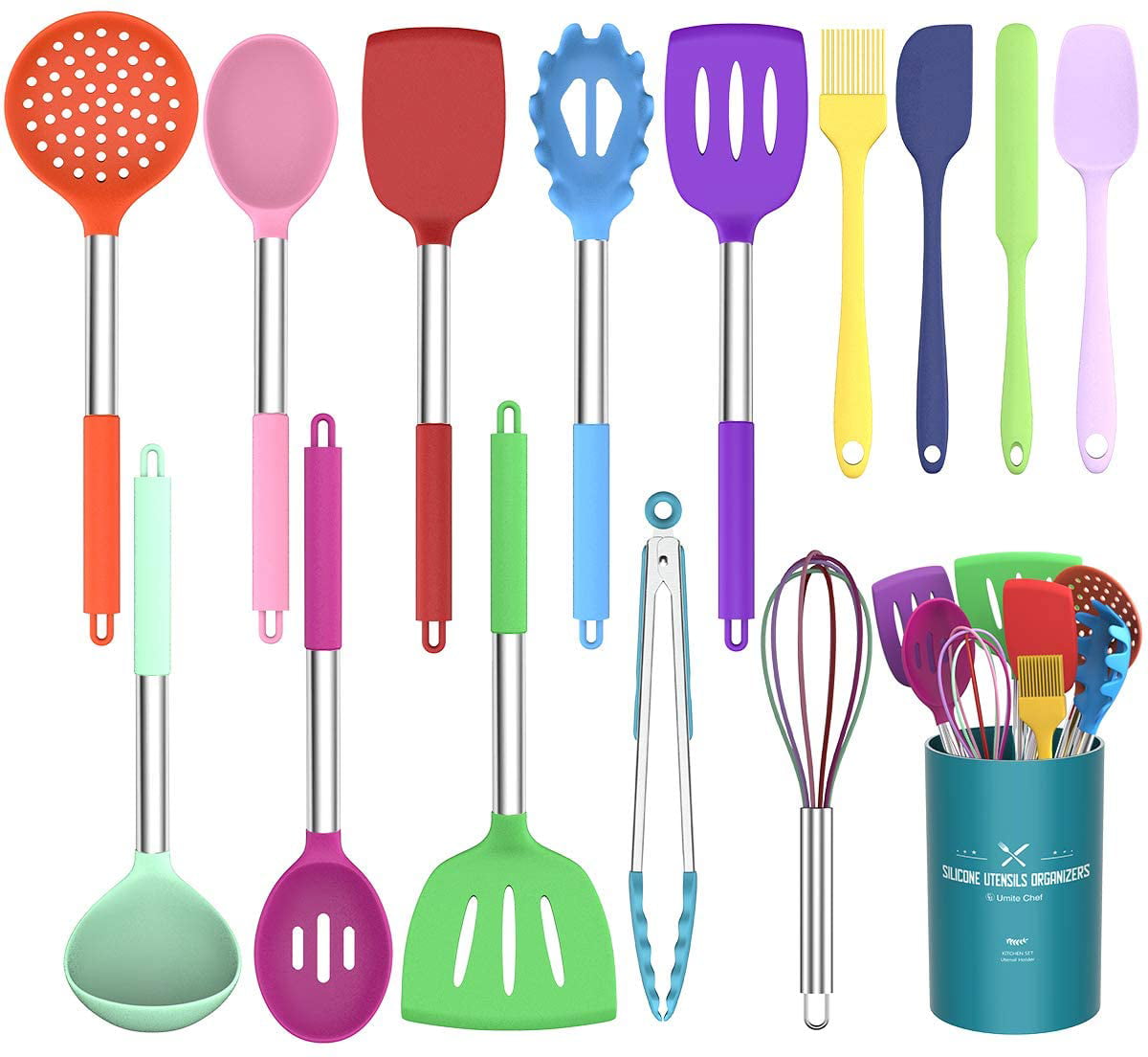 Umite Chef Kitchen Utensils Set, 15 pcs Silicone Cooking Kitchen Utensils Set, Heat Resistant Non-stick BPA-Free Silicone Stainless Steel Handle Turner Spatula Spoon Tongs Whisk Cookware - Colorful