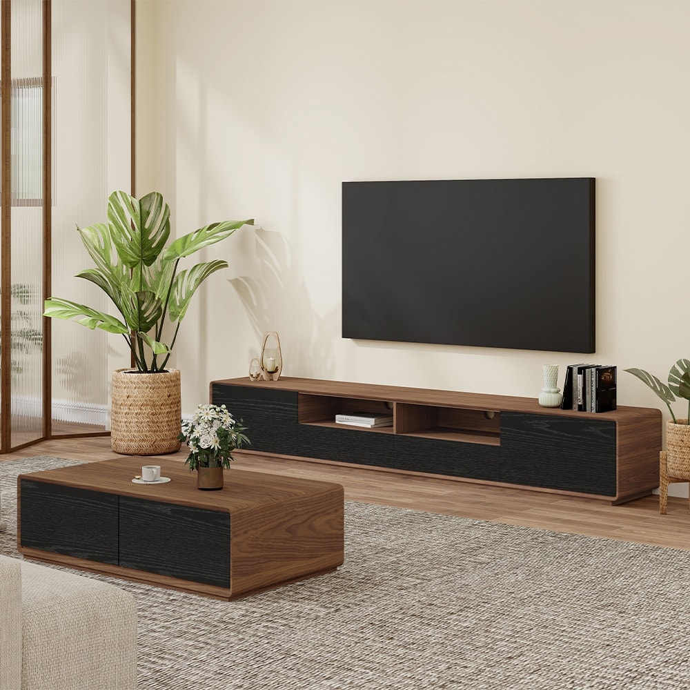 Modern Wood TV Stand  Lowline Media Console with 4 Drawers  Open Storage Cabinet  Walnut Veneer  Fully assembled