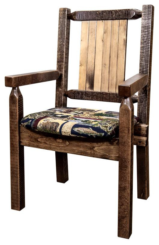 Montana Woodworks Homestead Wood Captain  x27s Chair with Engraved Wolf in Brown   Rustic   Dining Chairs   by Homesquare  Houzz