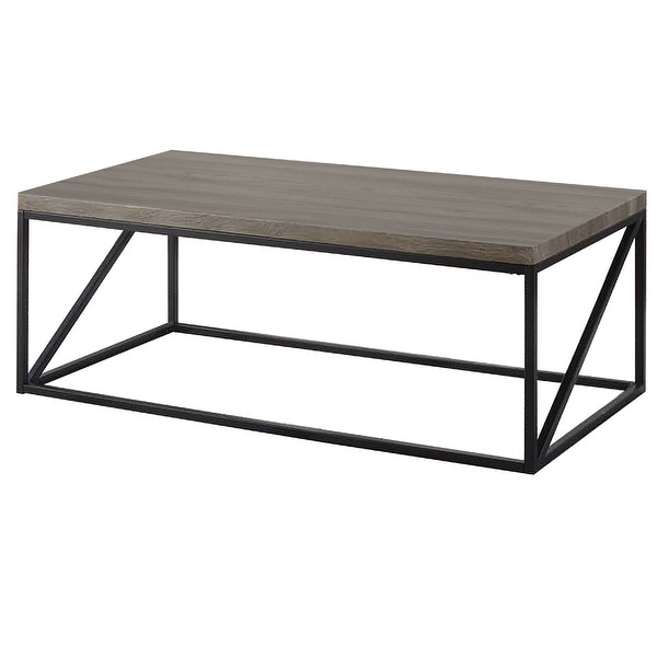 Industrial Style Minimal Coffee Table With Wooden Top And Metallic Base， Gray