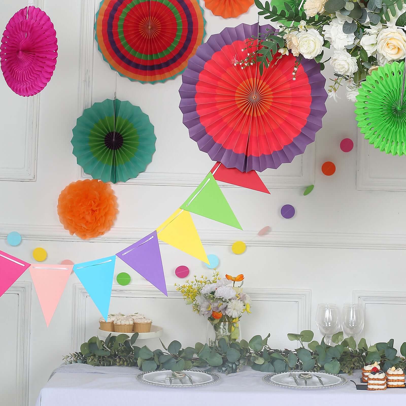 20Pcs Multicolored Hanging Fiesta Themed Party Decorations Kit, Paper Fans, Pom Pom Flowers, Polka Dot and Bunting Flag Garlands Included