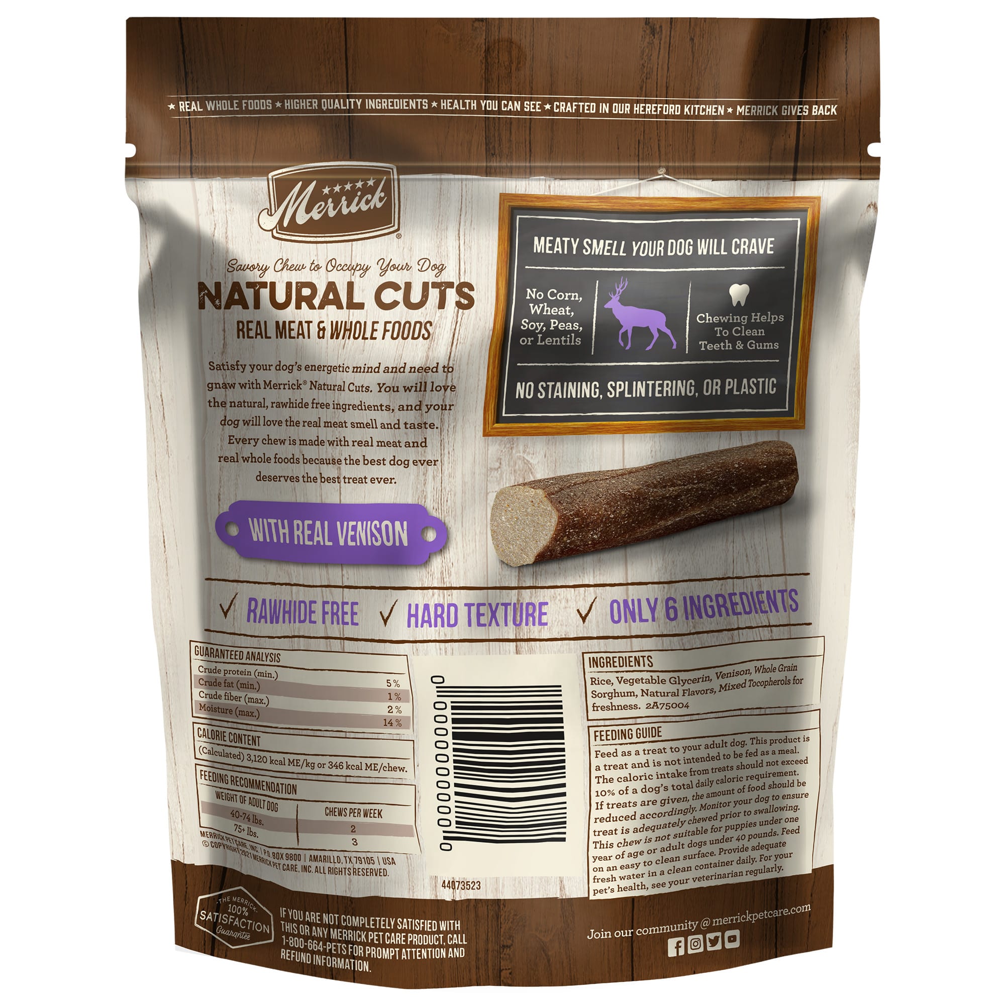 Merrick Natural Cuts Rawhide Free Large Chew with Real Venison for Dogs， 10.9 oz.， Count of 3