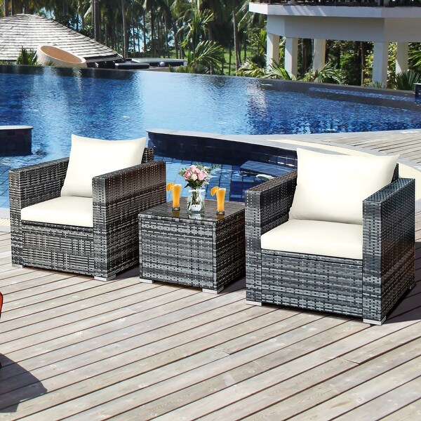 3 PC Patio Rattan Furniture Set Outdoor Cushioned Sofa Chair W/Table