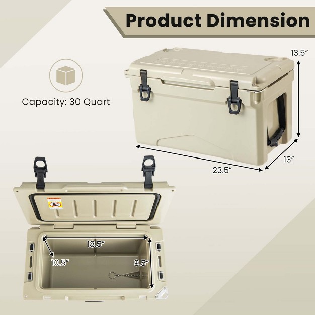 Costway 30 Qt Rotomolded Cooler Portable Ice Chest Ice Retention For 5 7 Days Charcoal tan