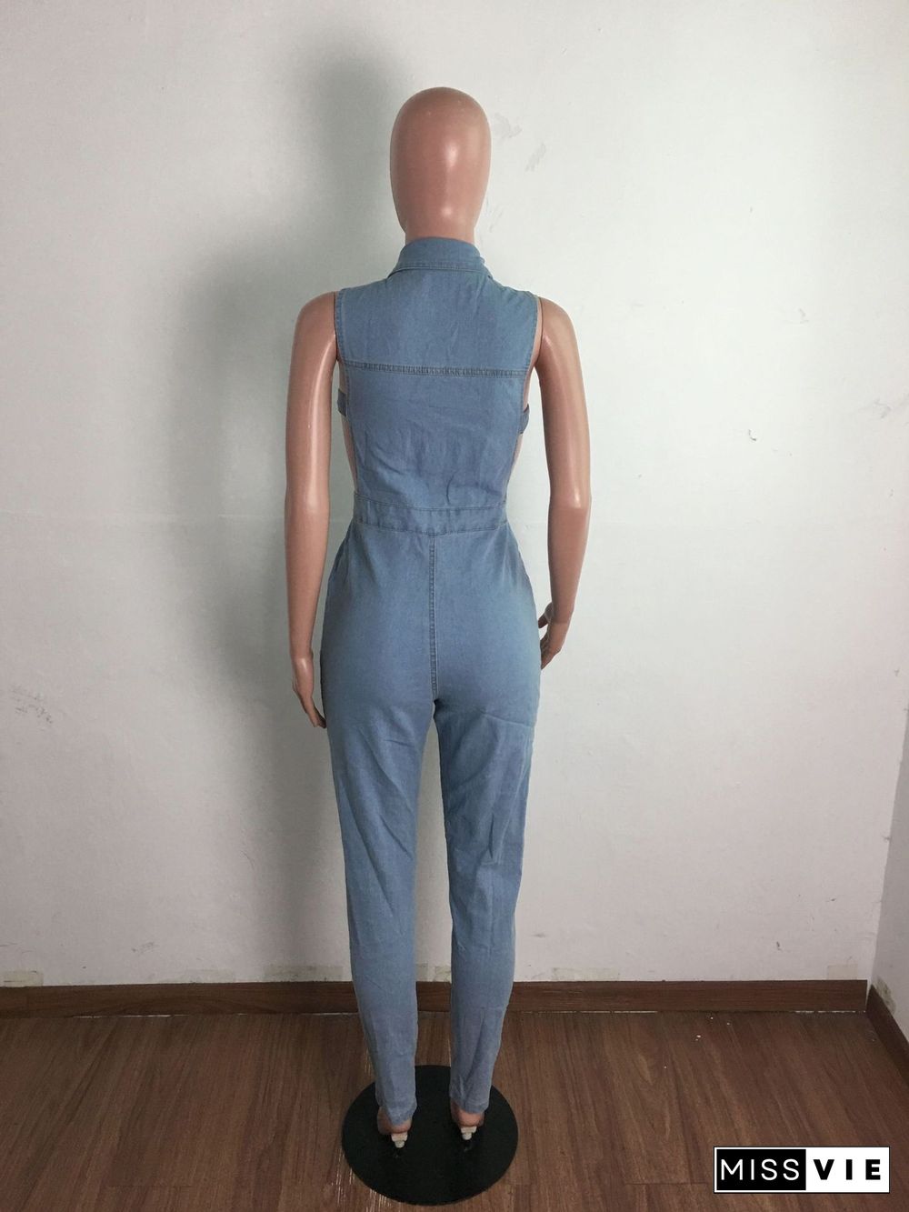 Plus Size Solid Sleeveless Side Hollow Out Button Up High Waist Bodycon Summer Denim Women Jumpsuits