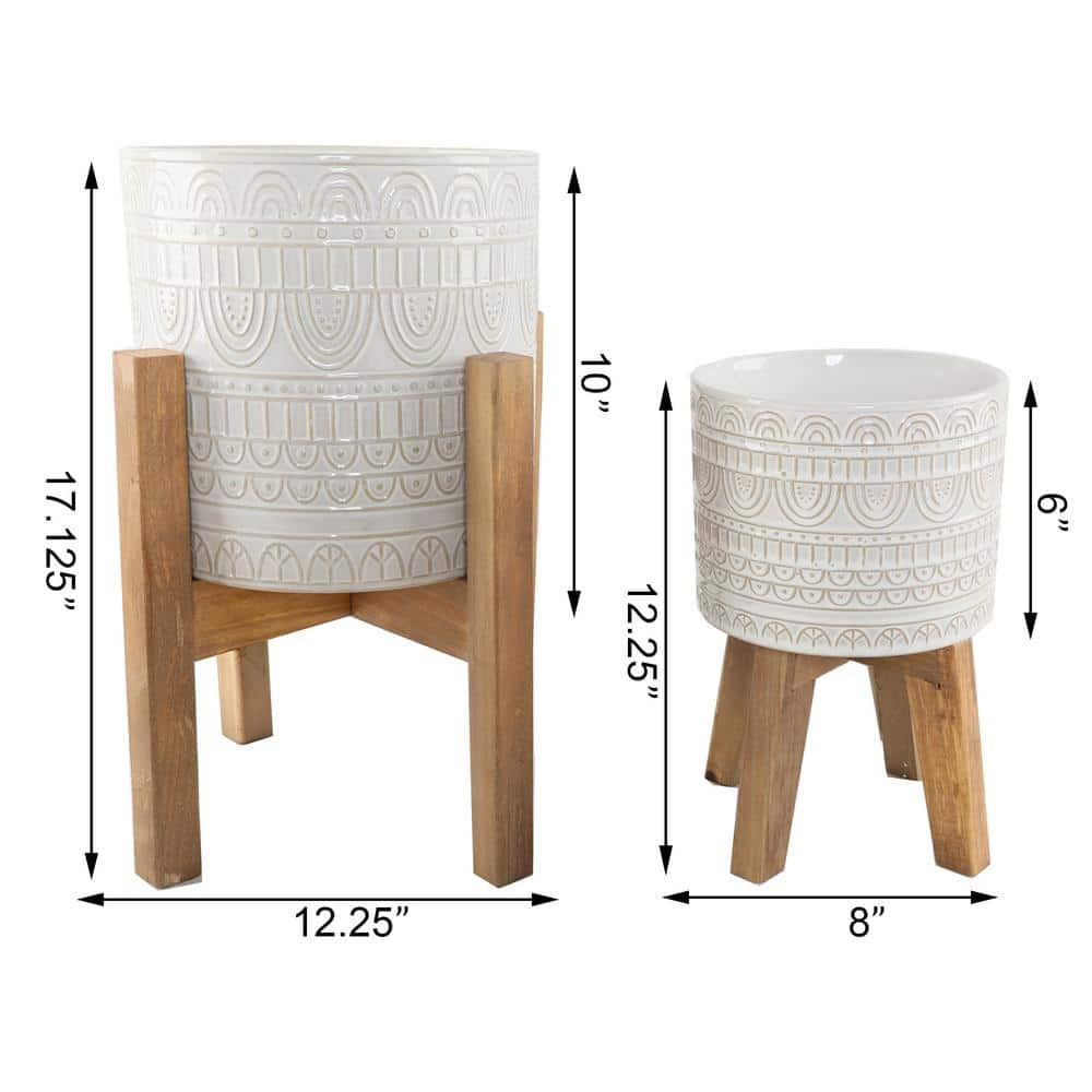 Flora Bunda 10 in. and 8 in. Ivory White Aqueduct Ceramic Plant Pot on Wood Stand Mid Century Planter (Set of 2) CT1472E2-IVORY