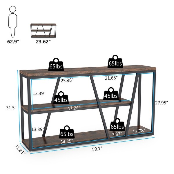 Industrial Console Table Sofa Table with Shelves - 59.1