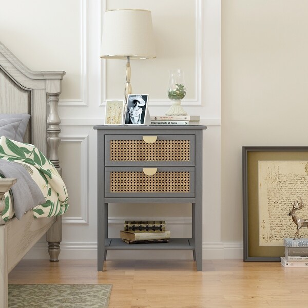 Wooden End Table with One Two Drawers， Side Table with Drawers Made Of Rattan， Bedside Table with Shelves At The Bottom