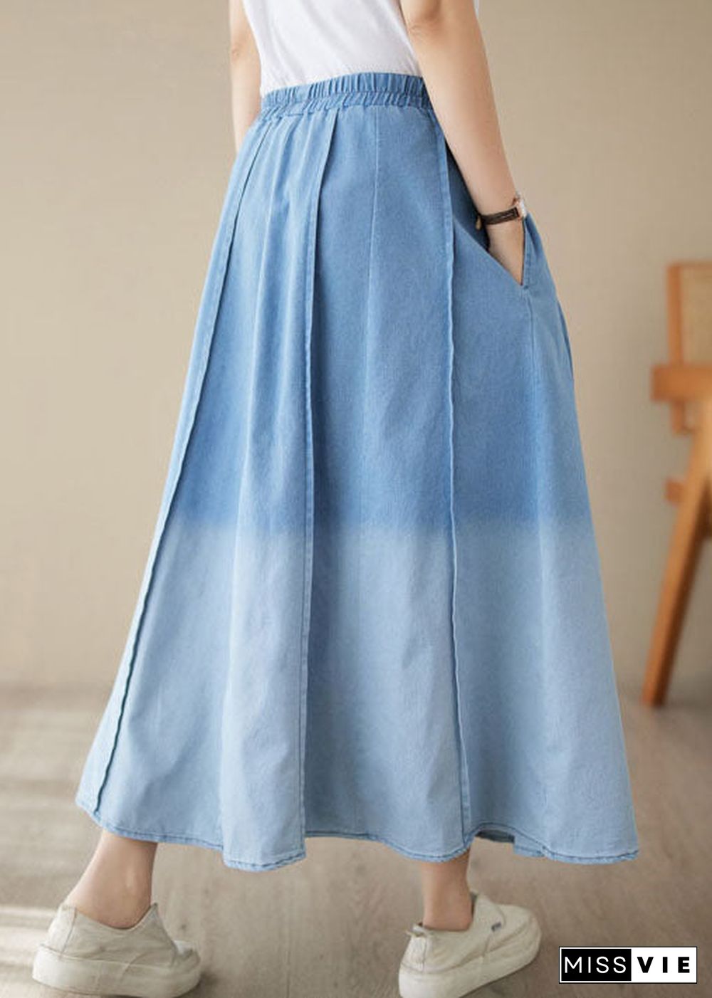 Light Blue Pockets Patchwork Denim Skirts Wrinkled Summer