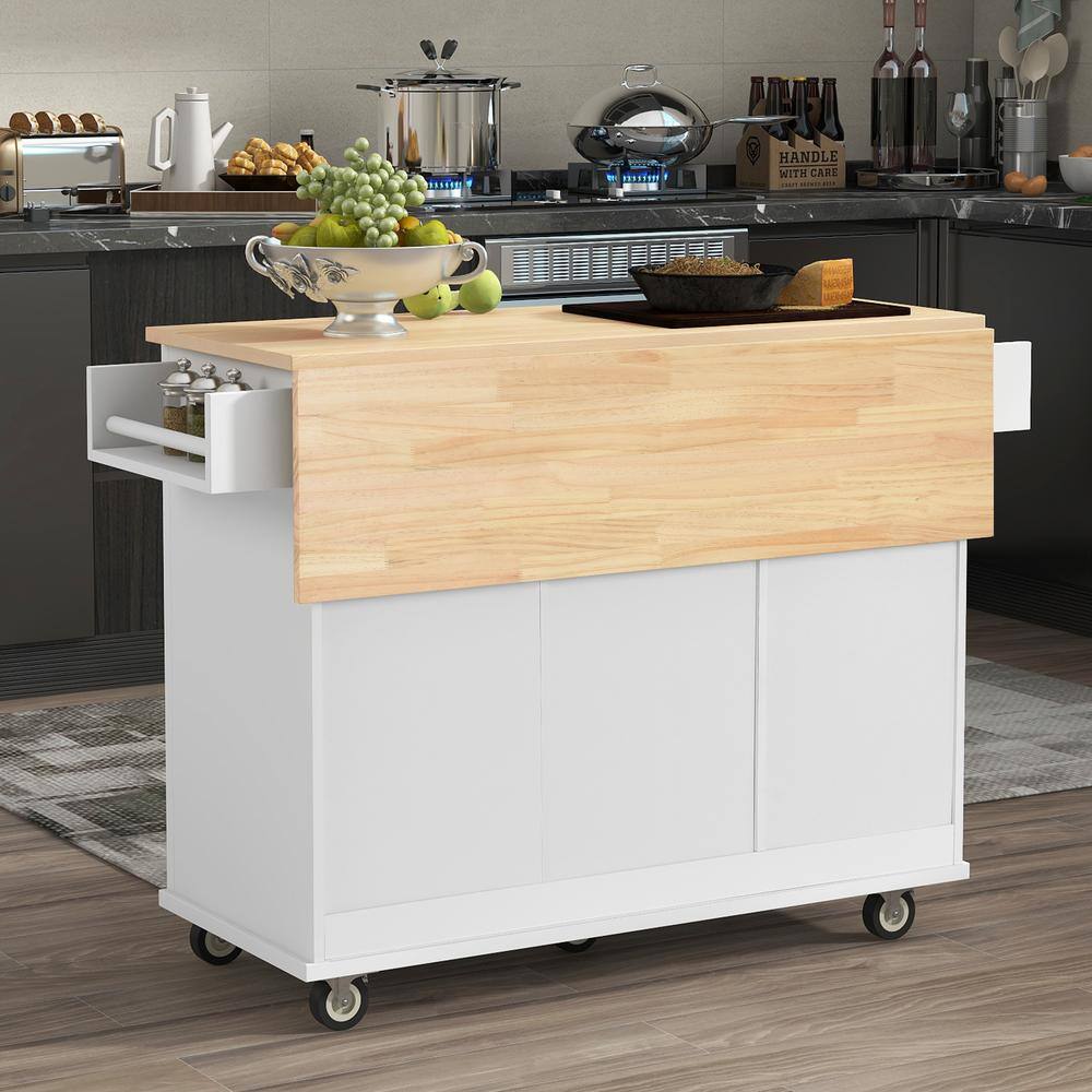 HwoamneT White Kitchen Island with Solid Wood Top Locking Wheels Storage Cabinet Drop Leaf Breakfast Bar Towel Rack Drawers SH#WF287035WH