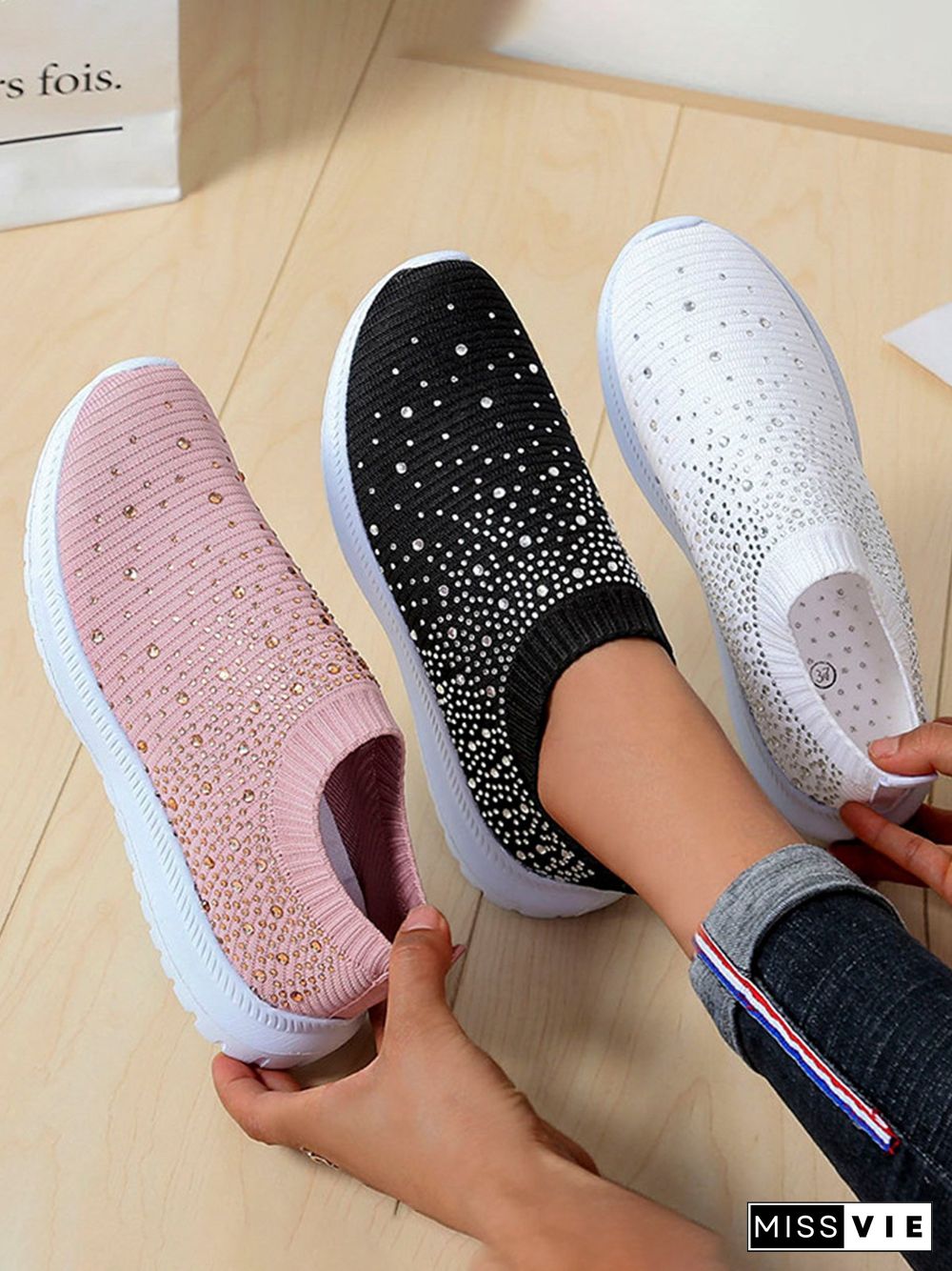 Rhinestone Design Portable Overfoot Lightweight Flyknit Sneakers