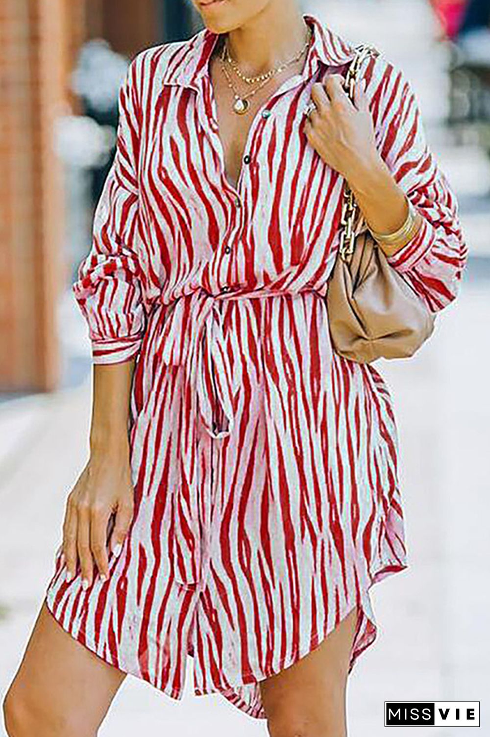 Fashion Casual Striped Buckle With Belt Turndown Collar Shirt Dress Dresses(7 Colors)