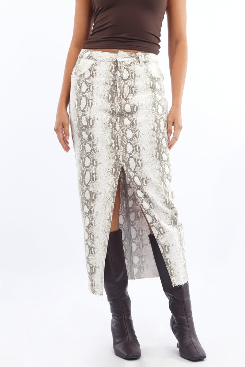 Beige Animal Print Snake Skin Skirt High Rise Front Split