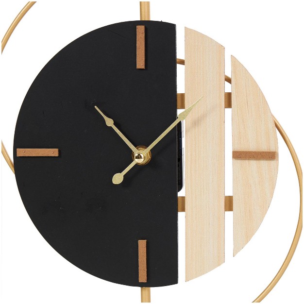 Wooden Geometric Two toned Clock With Wood Accents And Gold Semi circle Frame Black Cosmoliving By Cosmopolitan