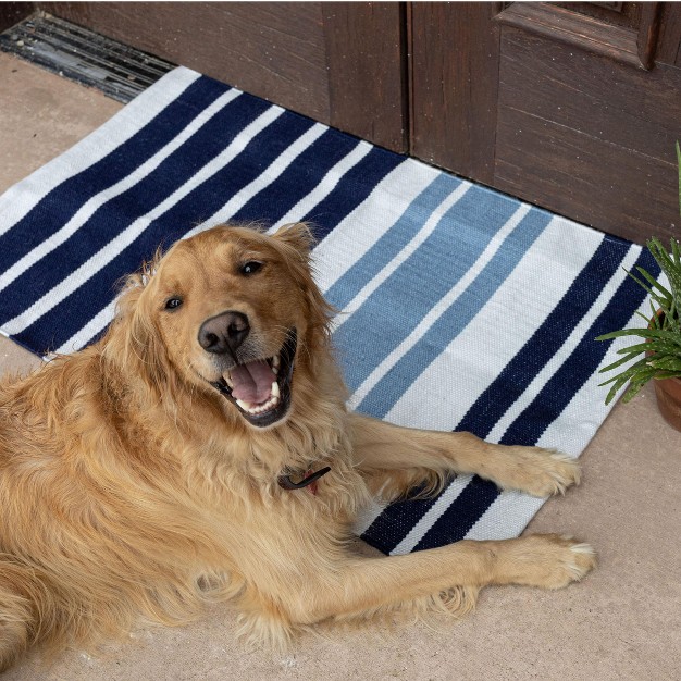 Foreside Home amp Garden 2 x27 x3 x27 Cabana Striped Hand Woven Indoor Outdoor Rug Navy