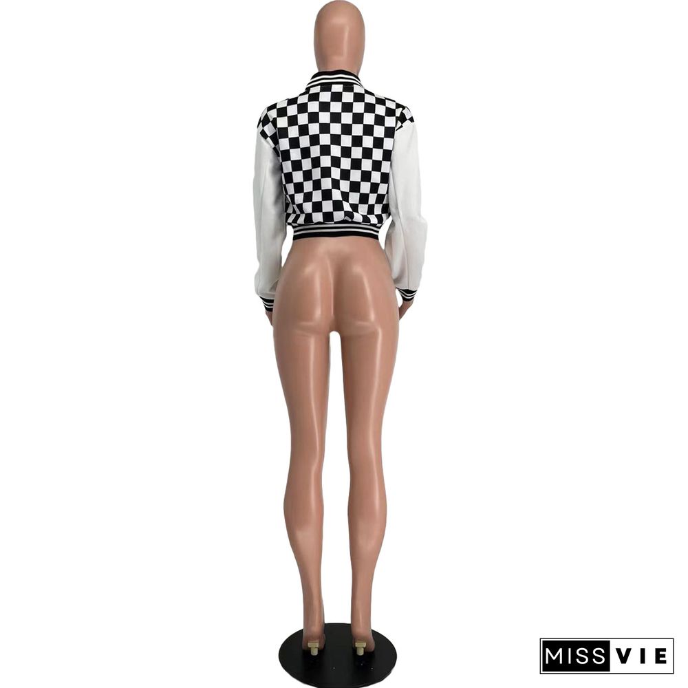 Checkerboard Print Patchwork Baseball Jacket