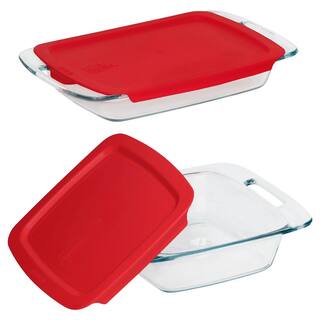 Pyrex Easy Grab 3 qt. and 8 in. x 8 in. 4-Piece Glass Bakeware Set with Red Lids 1091675