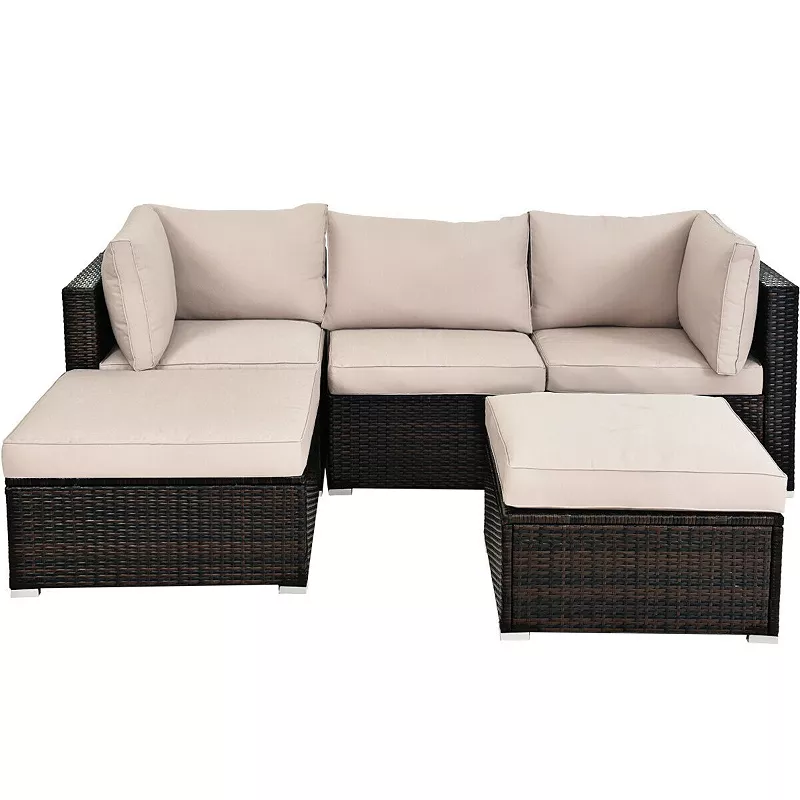 5 Pieces Patio Rattan Sectional Conversation Ottoman Furniture Set